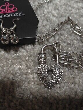 Paparazzi Silver Sparkling Heart Padlock Necklace with Crystal Dangles